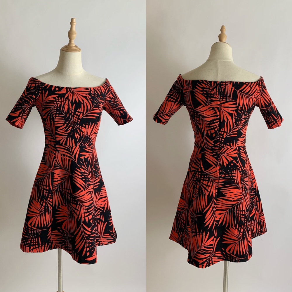ZARA Off Shoulder Palm Leaf Dress Coral Black S